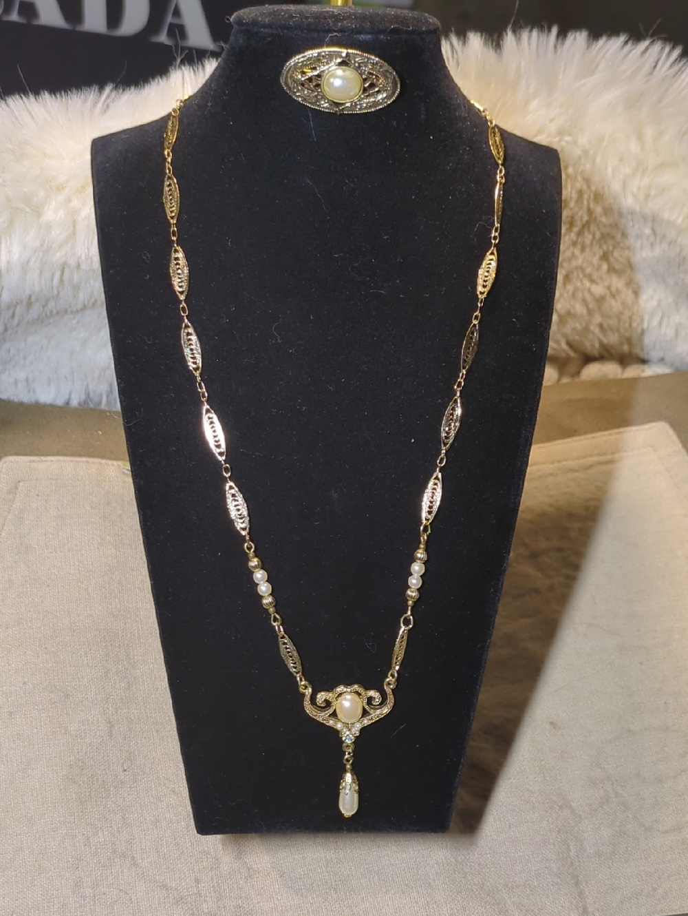 Vintage-Gold Pearl Drop Necklace & Vintage Faux Pearl Oval Brooch NOW ONLY $40